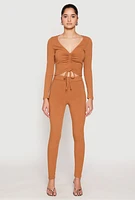 Womens Rib Knit Drawstring Front Ruched Crop Top, L