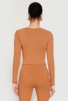 Womens Rib Knit Drawstring Front Ruched Crop Top, L