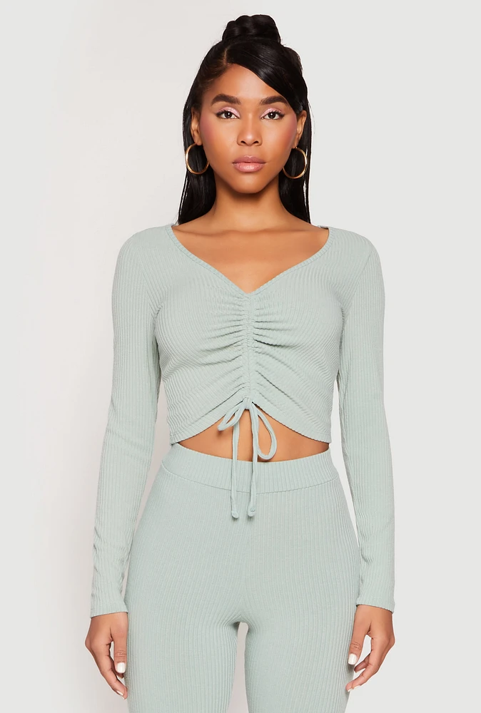Womens Rib Knit Drawstring Front Ruched Crop Top, Green, Size S
