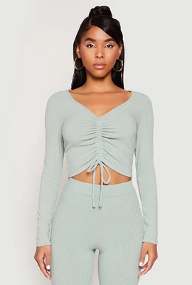 Womens Rib Knit Drawstring Front Ruched Crop Top, Green, Size S