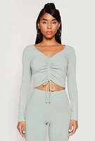 Womens Rib Knit Drawstring Front Ruched Crop Top, Green, Size S