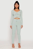 Womens Rib Knit Drawstring Front Ruched Crop Top, Green, Size S