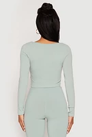 Womens Rib Knit Drawstring Front Ruched Crop Top, Green, Size S