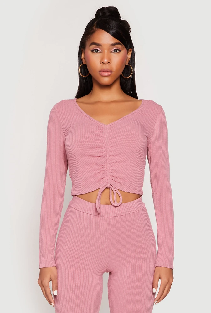 Womens Rib Knit Drawstring Front Ruched Crop Top, Pink, Size L