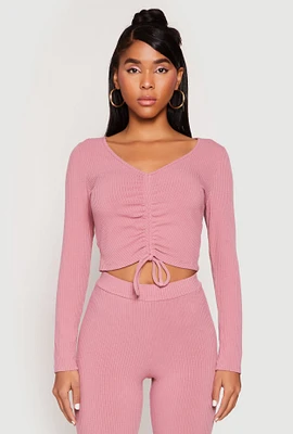 Womens Rib Knit Drawstring Front Ruched Crop Top, Pink, Size L