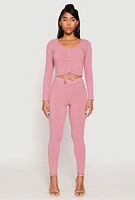 Womens Rib Knit Drawstring Front Ruched Crop Top, Pink, Size L