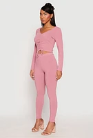 Womens Rib Knit Drawstring Front Ruched Crop Top, Pink, Size L
