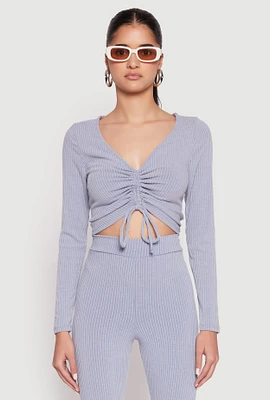 Womens Rib Knit Drawstring Front Ruched Crop Top,