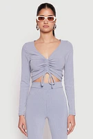 Womens Rib Knit Drawstring Front Ruched Crop Top,