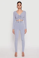 Womens Rib Knit Drawstring Front Ruched Crop Top,