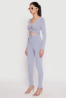 Womens Rib Knit Drawstring Front Ruched Crop Top,