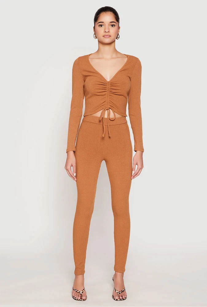 Womens Rib Knit High Waisted Leggings, Brown, Size S