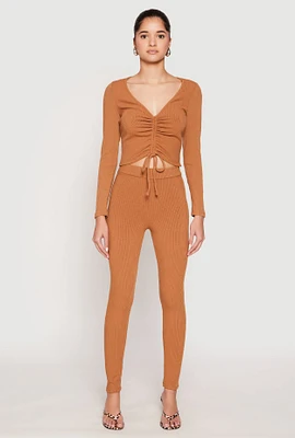 Womens Rib Knit High Waisted Leggings, Brown, Size S