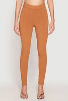 Womens Rib Knit High Waisted Leggings, Brown, Size S