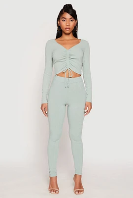 Womens Rib Knit High Waisted Leggings, Green, Size S