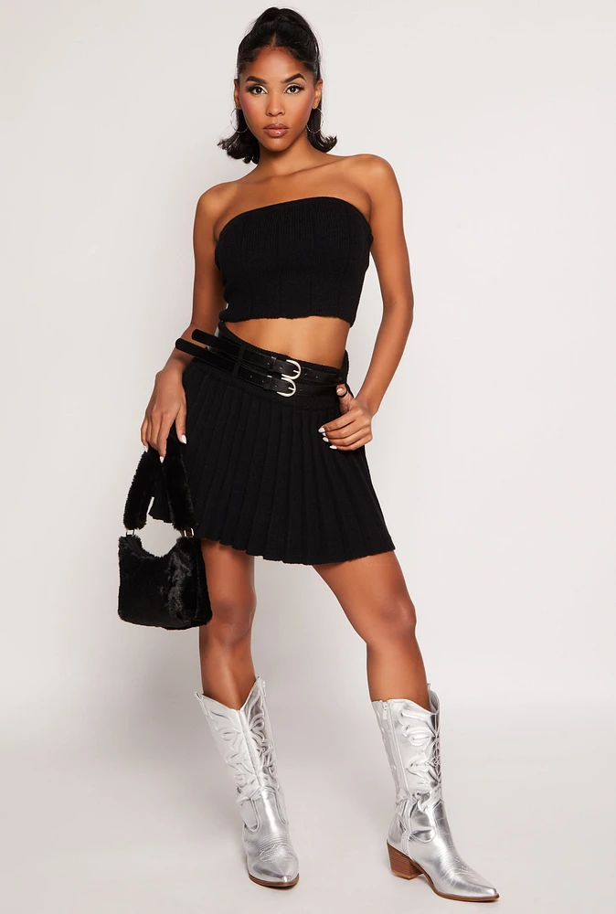 Womens Haute Monde Double Belted Knit Pleated Skirt, Black, Size S