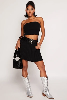 Womens Haute Monde Double Belted Knit Pleated Skirt, Black, Size S
