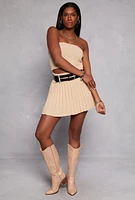 Womens Haute Monde Double Belted Knit Pleated Skirt, Khaki, Size L