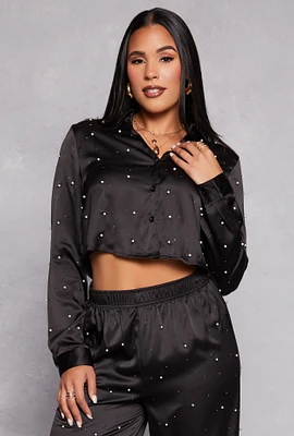 Womens Haute Monde Studded Satin Shirt, Black, Size M