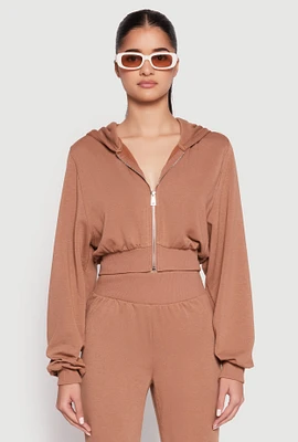 Womens Zip Front Cropped Hoodie, Brown, Size M