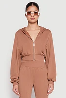 Womens Zip Front Cropped Hoodie, Brown, Size M