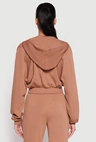 Womens Zip Front Cropped Hoodie, Brown, Size M