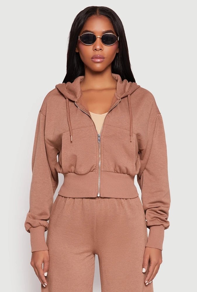 Womens Iris Fleece Zip Front Cropped Hoodie, Brown, Size L