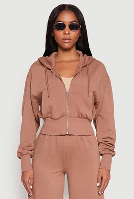 Womens Iris Fleece Zip Front Cropped Hoodie, Brown, Size L