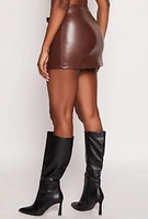 Womens Faux Leather Double Buckle Front Mini Skirt, Brown, Size L