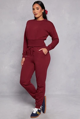 Womens High Waist Drawstring Pocket Joggers, Burgundy, Size M