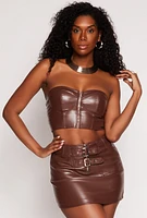 Womens Faux Leather Zip Front Bustier Top, Brown, Size L
