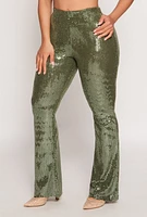 Womens Foiled Lurex High Waisted Flared Leg Pants, Green, Size S