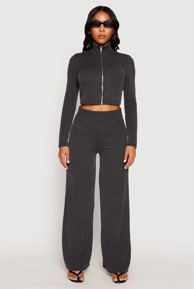 Womens Iris Ribbed Knit Wide Leg Pants, Grey, Size L