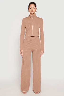 Womens Iris Ribbed Knit Wide Leg Pants, Khaki, Size M