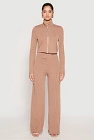 Womens Iris Ribbed Knit Wide Leg Pants, Khaki, Size M