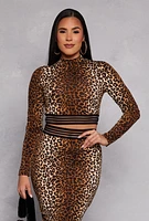 Womens Iris Leopard Print Mock Neck Crop Top, Brown, Size M