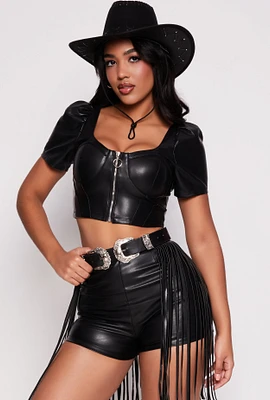 Womens Faux Leather Zip Front Puff Sleeve Corset Top, L