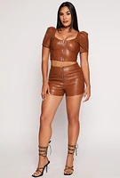 Womens Faux Leather Zip Front Puff Sleeve Corset Top, Brown, Size S