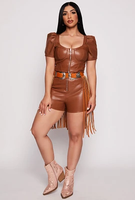 Womens Faux Leather Zip Front High Waist Shorts, Brown, Size M