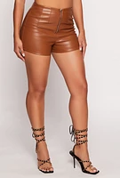 Womens Faux Leather Zip Front High Waist Shorts, Brown, Size L