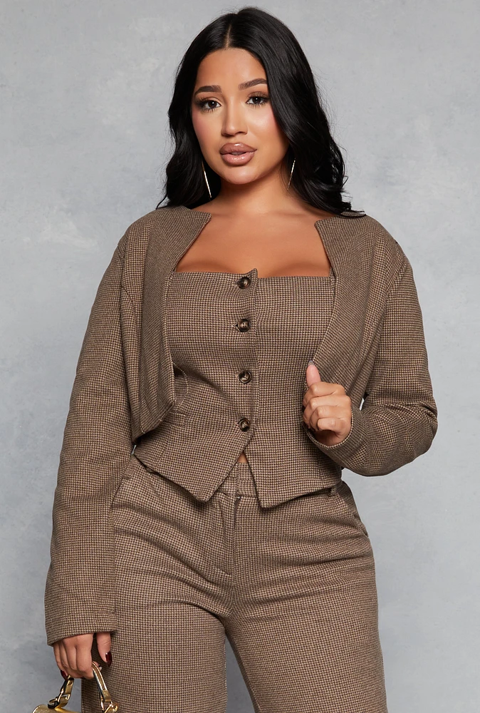 Womens Iris Houndstooth Cropped Blazer, Brown,