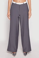 Womens Contrast Waistband Dress Pants, Grey, Size L