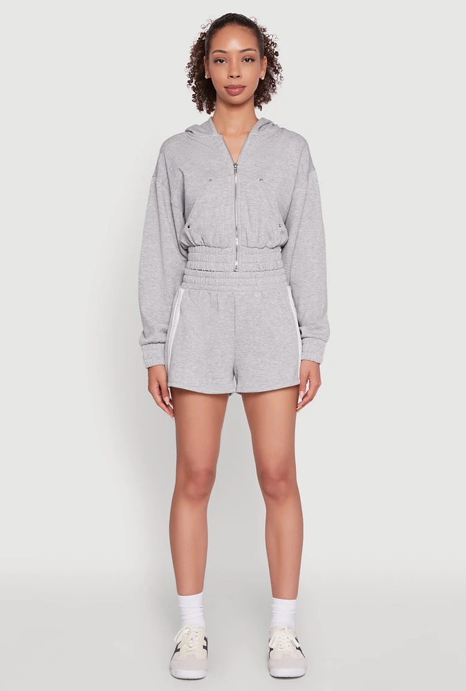 Womens Iris High Waisted Varsity Stripe Fleece Shorts, Grey, Size L