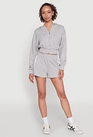Womens Iris High Waisted Varsity Stripe Fleece Shorts, Grey, Size L