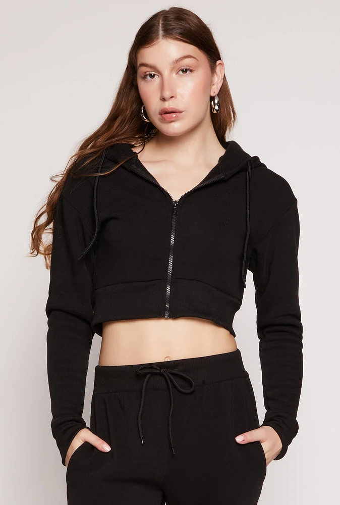Womens Fleece Solid Cropped Zip Front Hoodie, Black, Size M