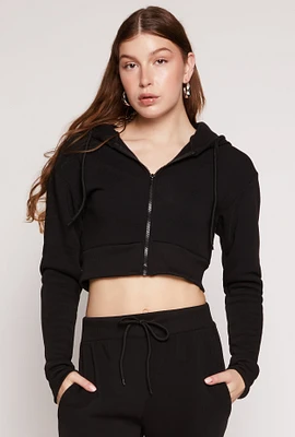 Womens Fleece Solid Cropped Zip Front Hoodie, Black, Size M