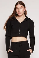 Womens Fleece Solid Cropped Zip Front Hoodie, Black, Size M