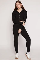 Womens Fleece Solid Cropped Zip Front Hoodie, Black, Size M