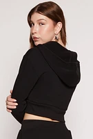 Womens Fleece Solid Cropped Zip Front Hoodie, Black, Size M