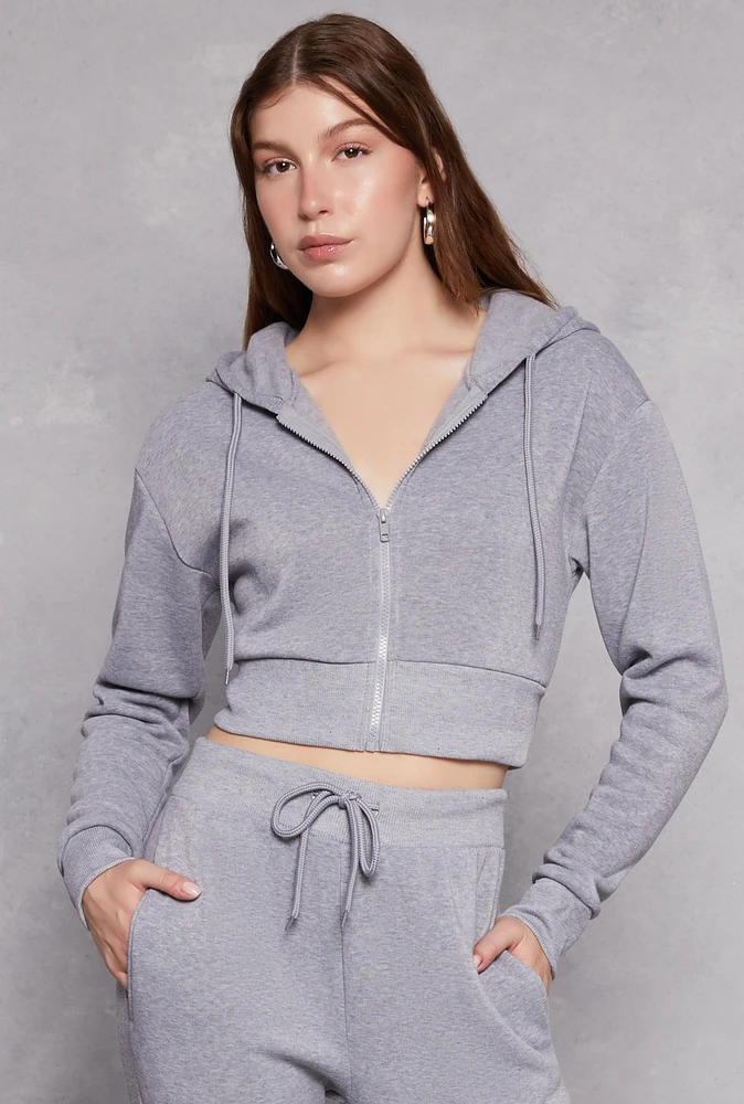 Womens Fleece Solid Cropped Zip Front Hoodie, Grey, Size M